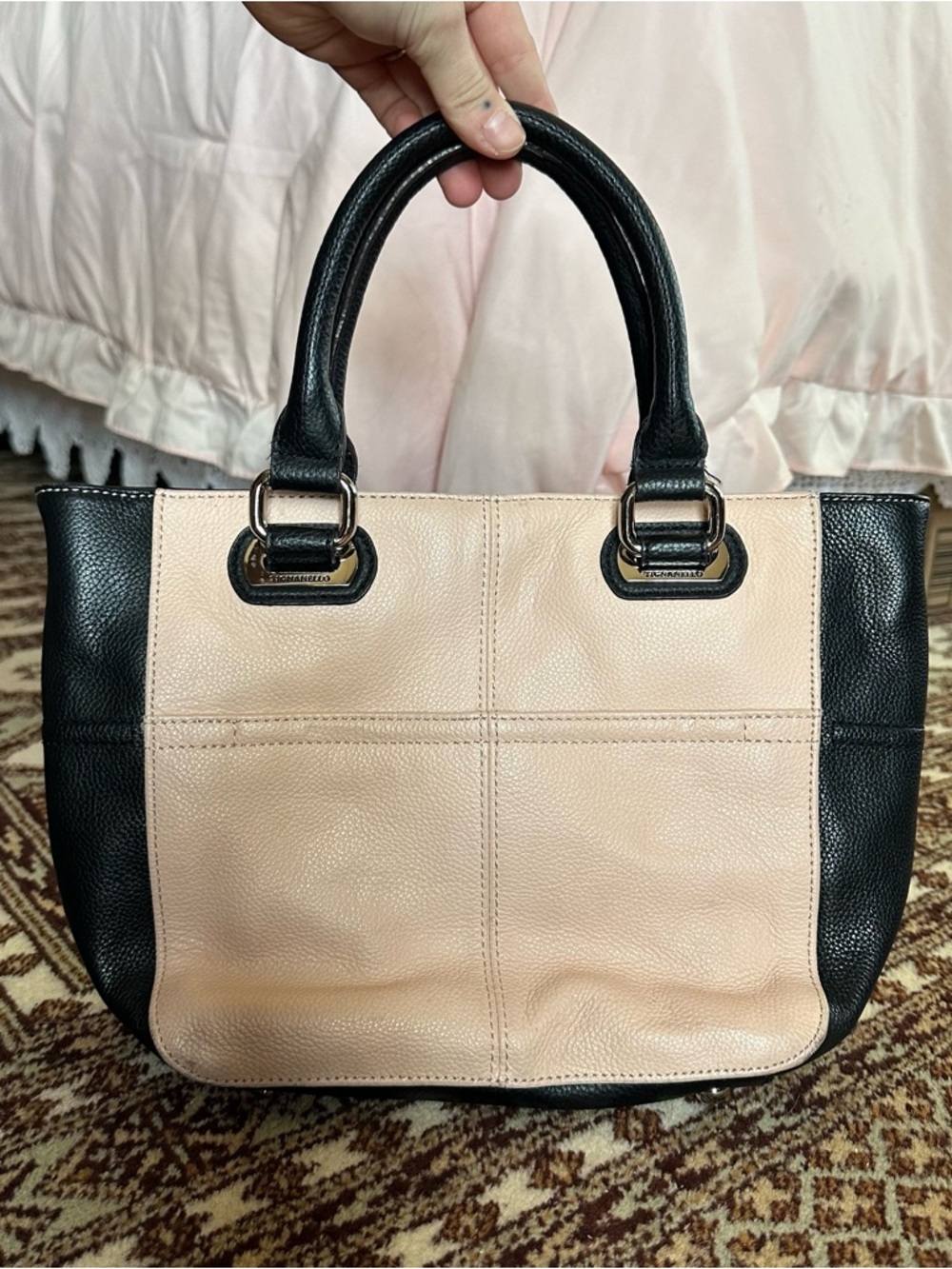 Classic Two-Tone Leather Tote Bag - Black & Blush